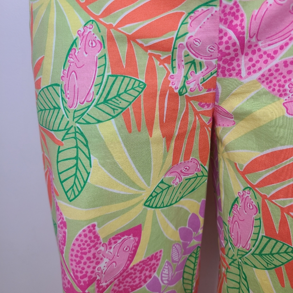 Lilly Pulitzer Vintage Pink Orange Green Tropical Frog Print Wide Leg Pants 4 - Picture 5 of 11